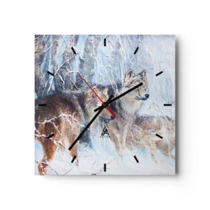 Wanduhr - Glasuhr - Wölfe in einem Winterwald vor verschneiter Kulisse - 30x30cm - Beachtung! Hier kommt ... - Moderne Wanddekoration für Wohnzimmer und Schlafzimmer ARTTOR