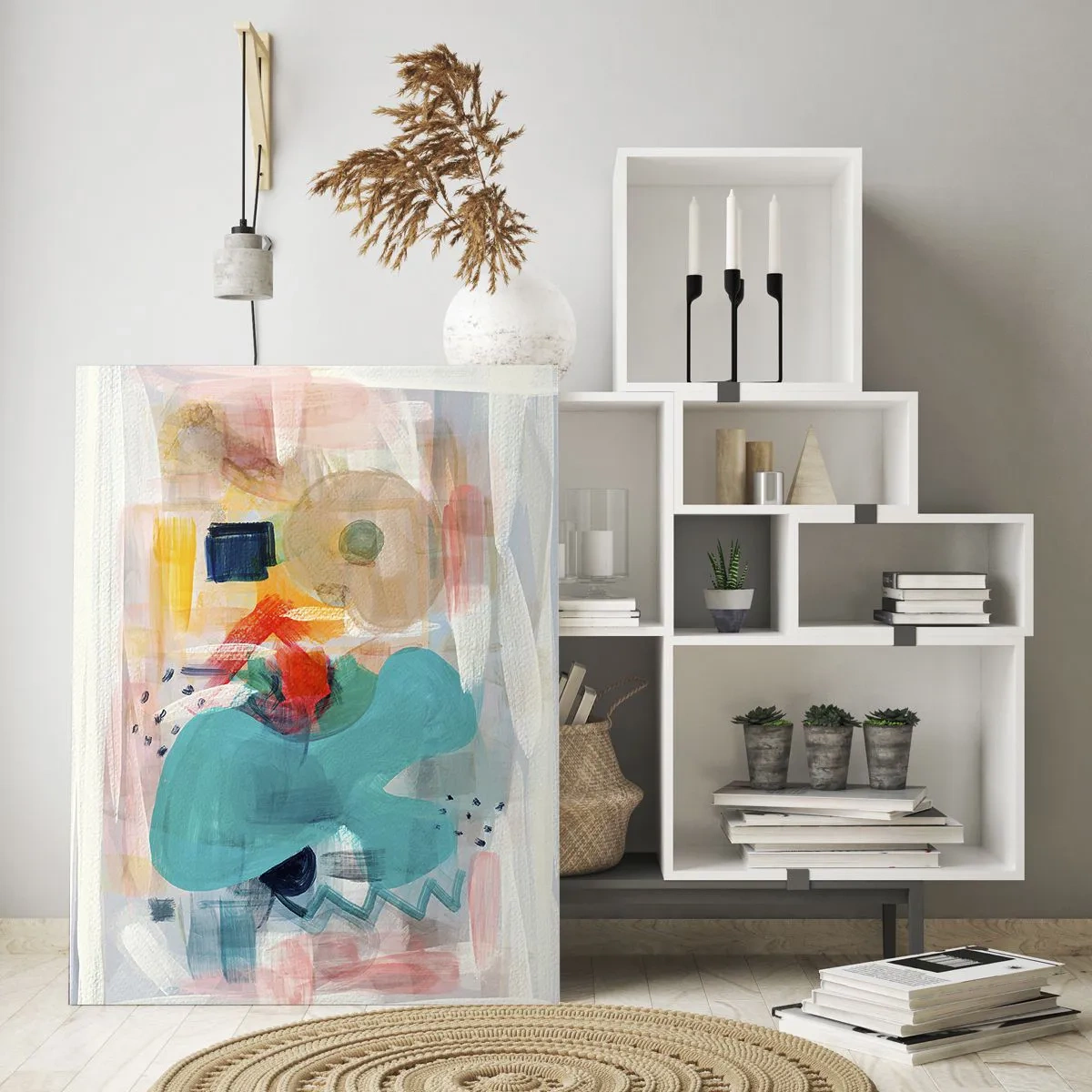 Glasbild - Bild auf glas - Eine farbenfrohe Abstraktion mit Spritzern in Türkis, Rot und Beige. - 50x70cm - Buntes Spiel - Moderne Wanddekoration für Wohnzimmer und Schlafzimmer ARTTOR