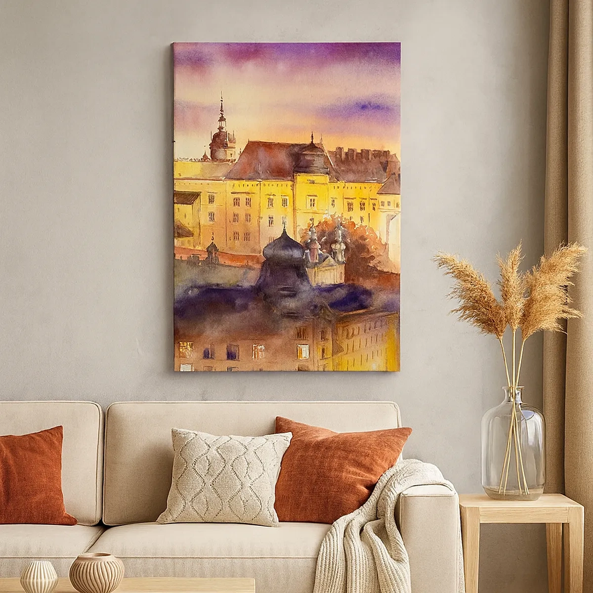 Bild auf Leinwand - Leinwandbild - Ein malerisches Aquarell einer Burg bei Sonnenuntergang - 50x70cm - Geschichte und Märchen - Moderne Wanddekoration für Wohnzimmer und Schlafzimmer ARTTOR