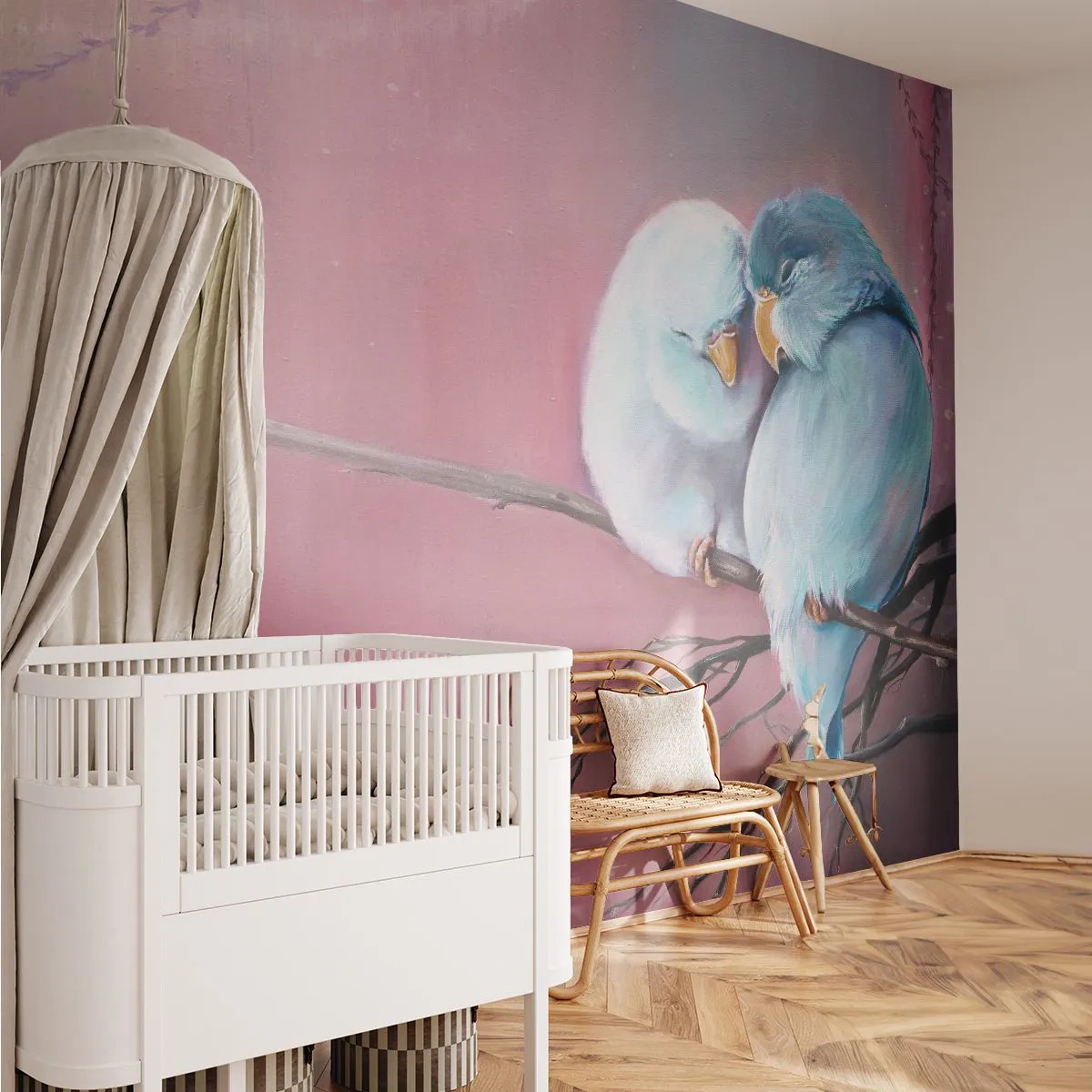 Fototapete Premium Sand - Lovebirds auf einem Ast auf einem rosa Hintergrund - 100x70cm - Was kann ich hier hinzufügen? ... - Moderne Wanddekoration für Wohnzimmer und Schlafzimmer ARTTOR