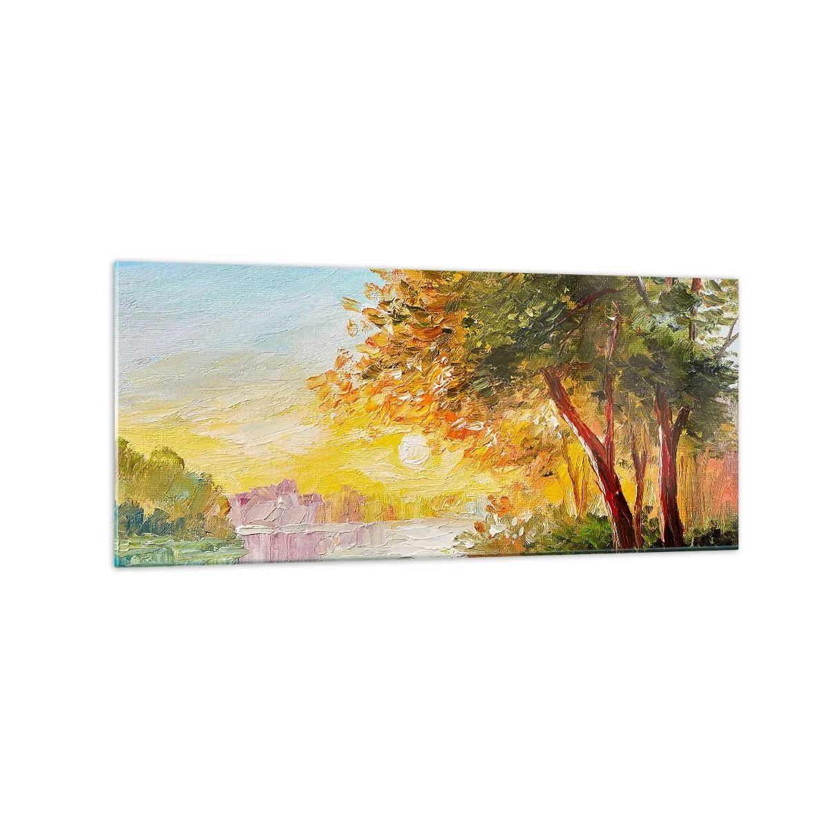 Glasbild - Bild auf glas - Eine malerische Landschaft mit einem Fluss und Bäumen bei Sonnenuntergang - 120x50cm - Et in Arcadia ego - Moderne Wanddekoration für Wohnzimmer und Schlafzimmer ARTTOR