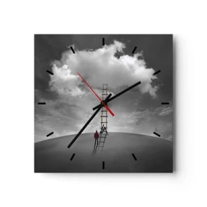 Wanduhr - Glasuhr - Eine Person in einem roten Mantel und eine Leiter, die zu einer Wolke führt - 30x30cm - Alles ist möglich - Moderne Wanddekoration für Wohnzimmer und Schlafzimmer ARTTOR