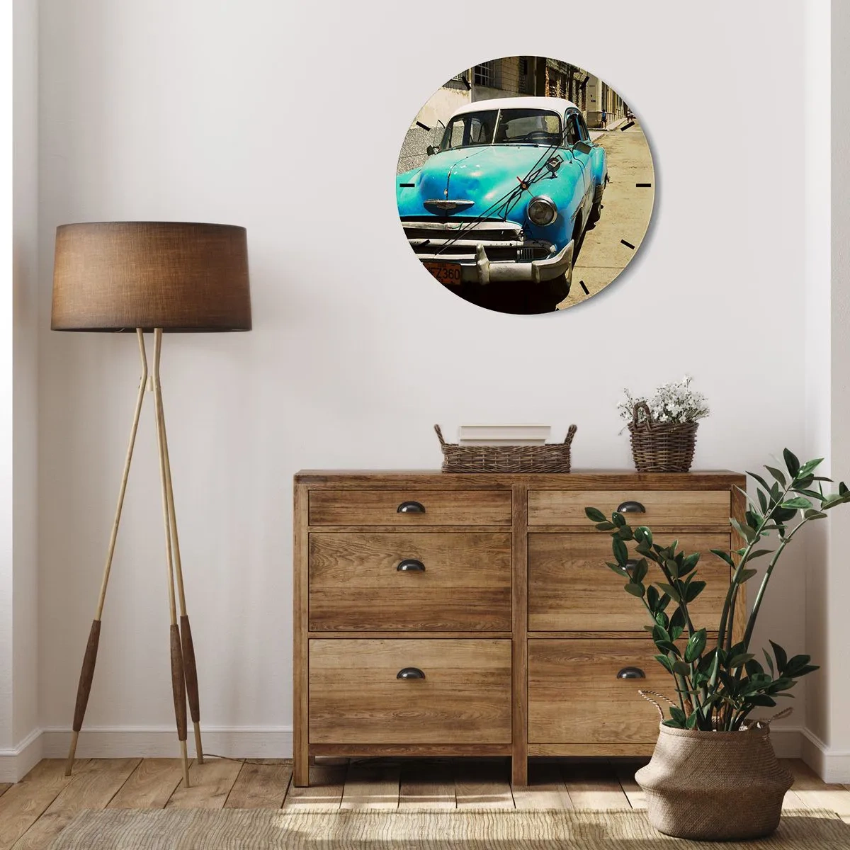 Wanduhr - Glasuhr - Blaues klassisches Auto auf der Straße, Vintage-Stil - 30x30cm - Evviva Kuba! - Moderne Wanddekoration für Wohnzimmer, Küche und Schlafzimmer ARTTOR