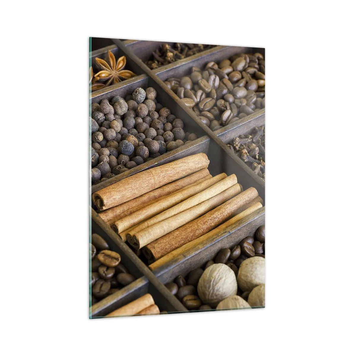 Glasbild - Bild auf glas - Gewürze in Holzfächern - 50x70cm - Eine Fundgrube an Aromen - Moderne Wanddekoration für Wohnzimmer und Schlafzimmer ARTTOR