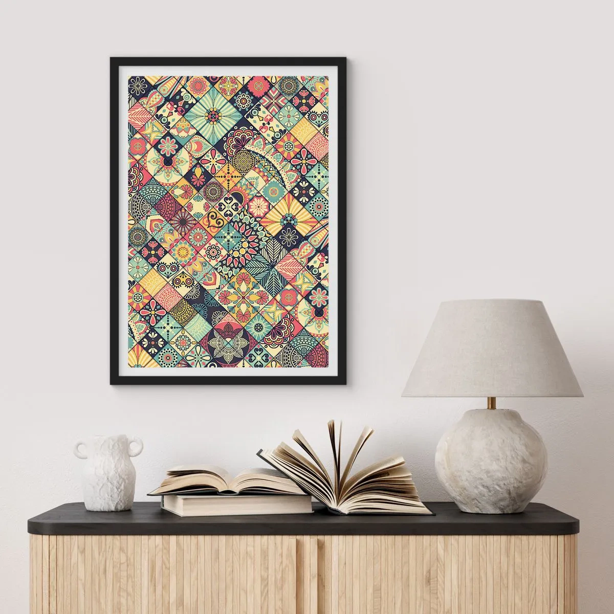 Poster in einem schwarzem Rahmen - Buntes Muster im Mosaikstil - 50x70cm - marokkanische Atmosphäre - Moderne Wanddekoration für Wohnzimmer und Schlafzimmer ARTTOR