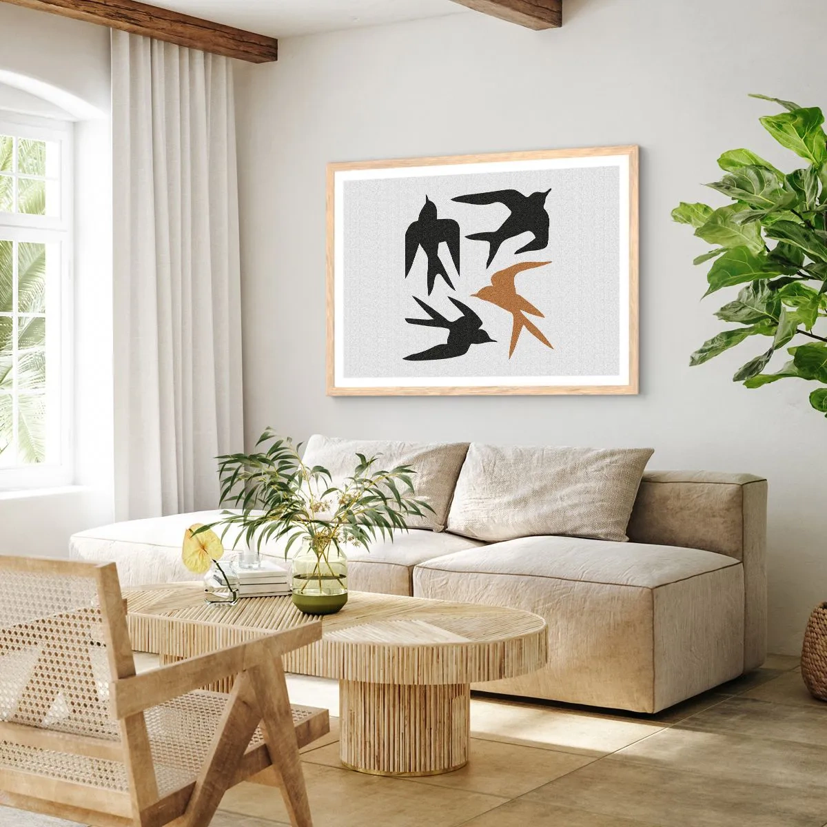 Poster in einem Rahmen aus heller Eiche - Schwalbenspaß - 100x70 cm