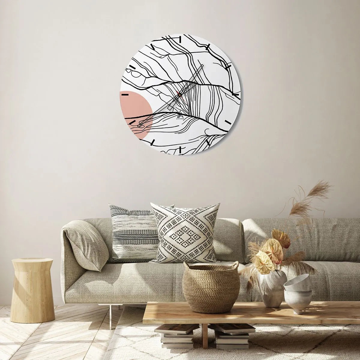 Wanduhr - Glasuhr - Künstlerische schwarze Linien, die Zweigen ähneln, auf weißem Hintergrund - 30x30cm - In einem Netz aus Zweigen - Moderne Wanddekoration für Wohnzimmer, Küche und Schlafzimmer ARTTOR