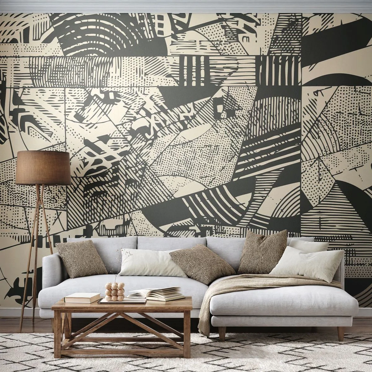 Fototapete Premium Sand - Schwarz-beige Abstraktion mit dynamischen geometrischen Mustern - 100x70cm - Die Dynamik der Gegenwart - Moderne Wanddekoration für Wohnzimmer und Schlafzimmer ARTTOR