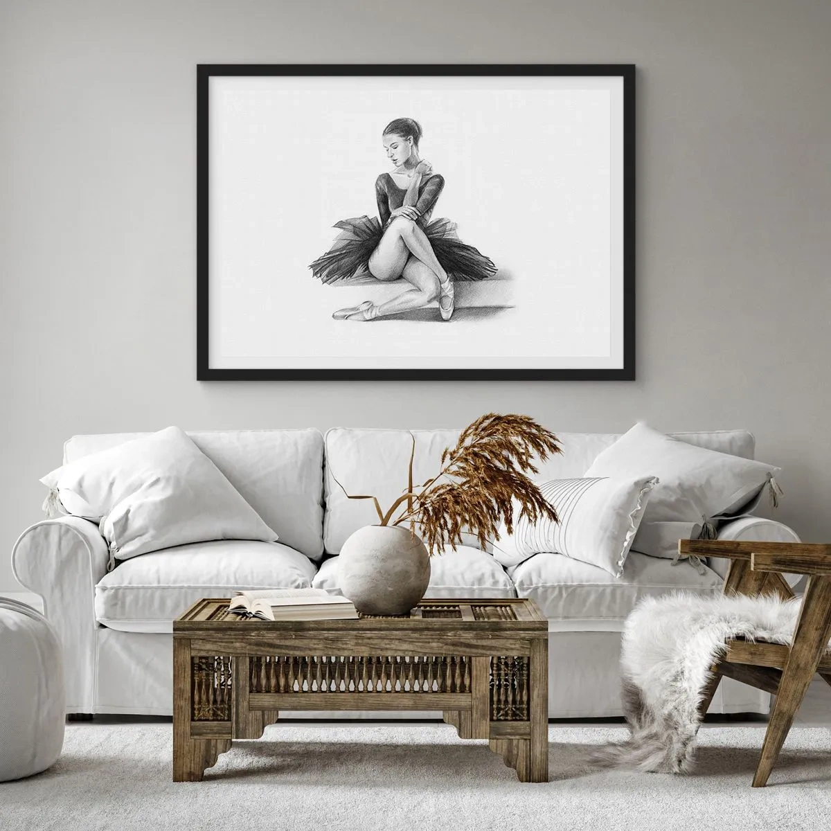 Poster in einem schwarzem Rahmen - Eine Skizze einer Ballerina im dezenten, klassischen Stil - 70x50cm - Vom Tanz verzaubert - Moderne Wanddekoration für Wohnzimmer und Schlafzimmer ARTTOR