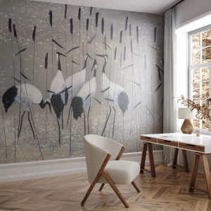 Fototapete Premium Canvas - Reiher im Gras vor einem friedlichen Hintergrund - 100x70cm - Unter ihren eigenen - Moderne Wanddekoration für Wohnzimmer und Schlafzimmer ARTTOR