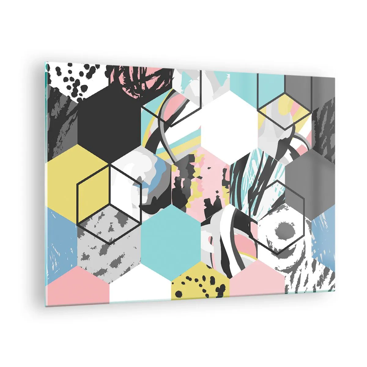 Glasbild - Bild auf glas - Bunte Würfel und Sechsecke in moderner Komposition - 70x50cm - Sechsecke und Würfel in sechs Farben - Moderne Wanddekoration für Wohnzimmer und Schlafzimmer ARTTOR