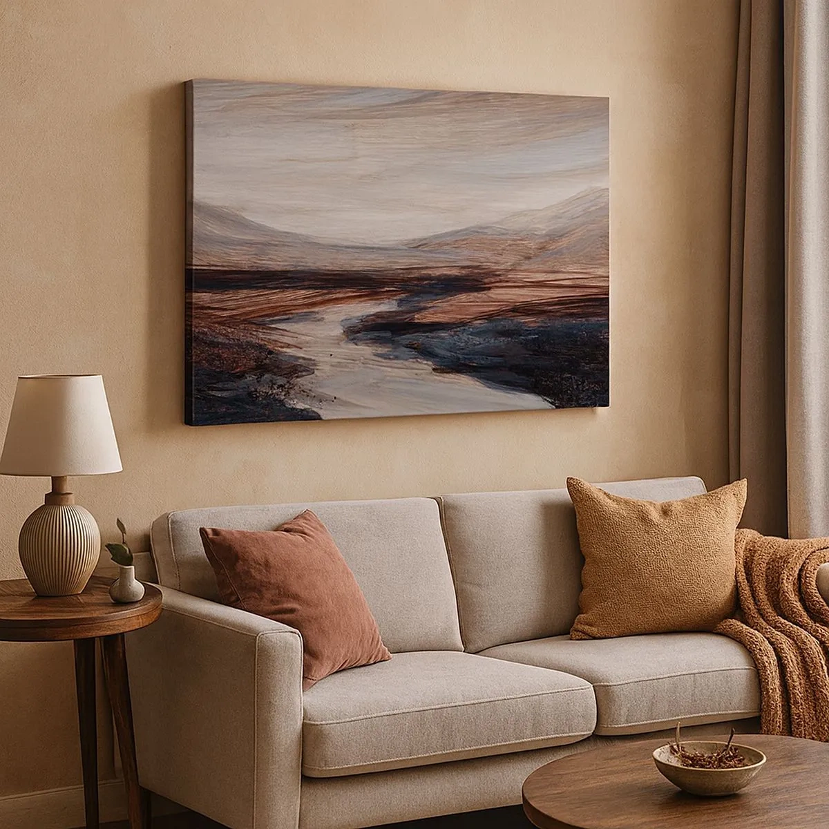 Bild auf Leinwand - Leinwandbild - Eine malerische Landschaft mit Fluss und Bergen - 70x50cm - Ruhiges Tal - Moderne Wanddekoration für Wohnzimmer und Schlafzimmer ARTTOR