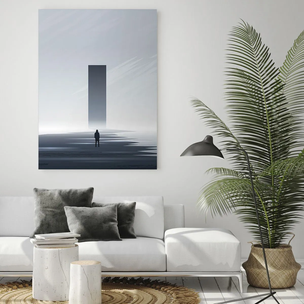 Glasbild - Bild auf glas - Eine minimalistische Landschaft mit einer Silhouette neben einem rechteckigen Monolithen - 70x100cm - Chance oder Bedrohung? - Moderne Wanddekoration für Wohnzimmer und Schlafzimmer ARTTOR