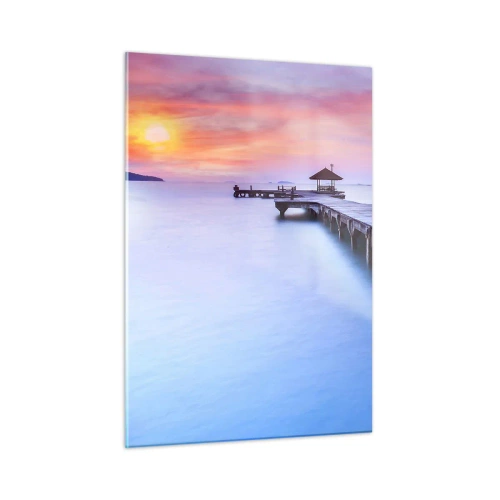 Glasbild - Bild auf glas - Holzsteg bei Sonnenaufgang auf ruhigem Wasser - 50x70cm - Ein Meer der Ruhe bis zum Horizont - Moderne Wanddekoration für Wohnzimmer und Schlafzimmer ARTTOR