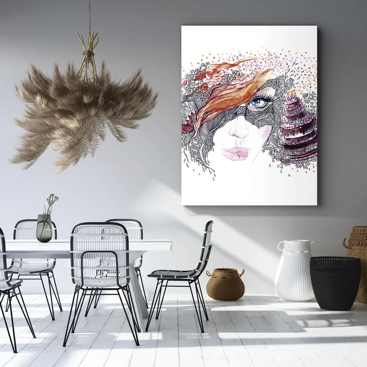 Bild auf Leinwand - Leinwandbild - Künstlerisches Frauenporträt mit Details und rotem Akzent - 50x70cm - Bei ihr ist jeden Tag Feiertag - Moderne Wanddekoration für Wohnzimmer und Schlafzimmer ARTTOR