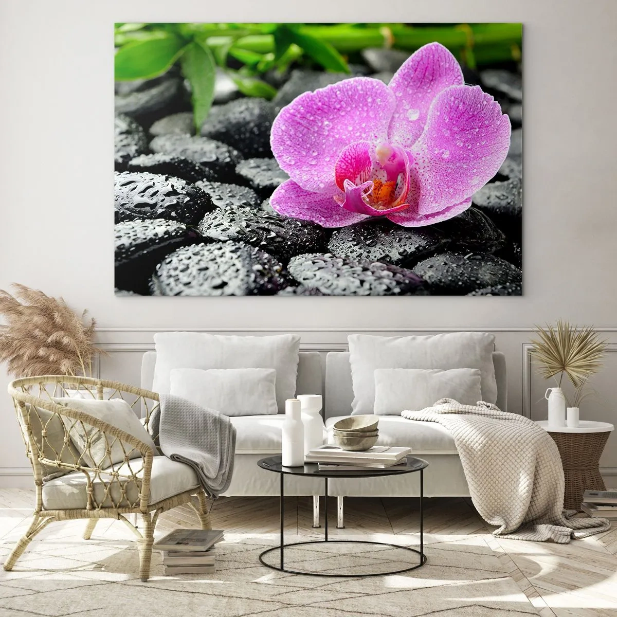 Glasbild - Bild auf glas - Rosa Orchideenblüte auf nassen schwarzen Steinen - 100x70cm - Wie ein offenes Herz - Moderne Wanddekoration für Wohnzimmer und Schlafzimmer ARTTOR
