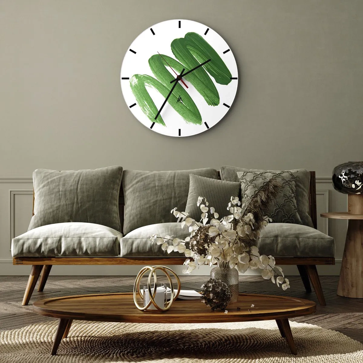 Wanduhr - Glasuhr - Grüne Pinselstriche auf weißem Hintergrund - 30x30cm - Grüner Witz - Moderne Wanddekoration für Wohnzimmer, Küche und Schlafzimmer ARTTOR