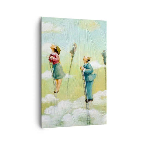 Bild auf Leinwand - Leinwandbild - Figuren, die auf pastellfarbenem Hintergrund zwischen Wolken Leitern hochklettern. - 80x120cm - Hinter deinem Traum - Moderne Wanddekoration für Wohnzimmer und Schlafzimmer ARTTOR