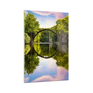 Glasbild - Bild auf glas - Eine Steinbrücke über einen Fluss mit einer perfekten Spiegelung im Wasser - 70x100cm - An der Kreuzung zweier Welten - Moderne Wanddekoration für Wohnzimmer und Schlafzimmer ARTTOR