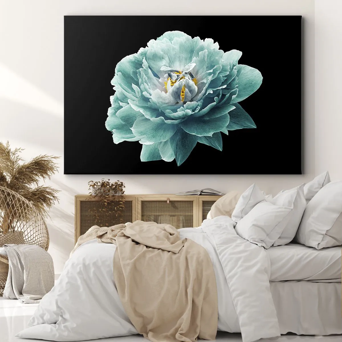 Bild auf Leinwand - Leinwandbild - Türkisfarbene Pfingstrose auf schwarzem Hintergrund - 70x50cm - Blaue und goldene Blütenblätter - Moderne Wanddekoration für Wohnzimmer und Schlafzimmer ARTTOR