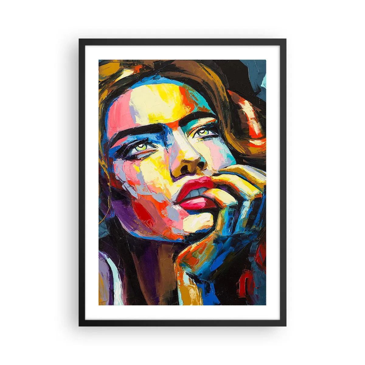 Poster in einem schwarzem Rahmen - Ein markantes, farbenfrohes Frauenporträt im ausdrucksstarken Stil. - 50x70cm - Träume fliegen am Himmel wie Vögel - Moderne Wanddekoration für Wohnzimmer und Schlafzimmer ARTTOR