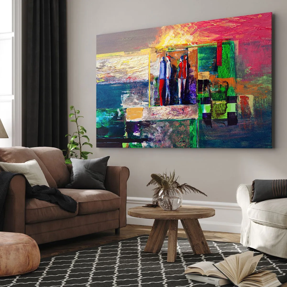 Bild auf Leinwand - Leinwandbild - Abstrakte Komposition mit Figuren und geometrischen Mustern - 120x80cm - Beziehungen und Emotionen - Moderne Wanddekoration für Wohnzimmer und Schlafzimmer ARTTOR