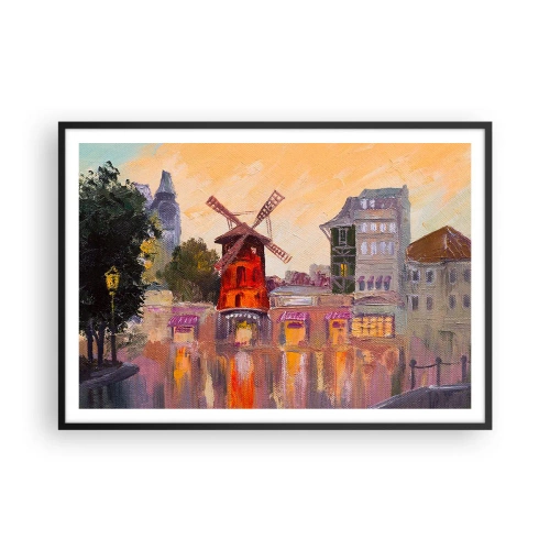 Poster in einem schwarzem Rahmen - Die rote Windmühle des Moulin Rouge, umgeben von der Stadtlandschaft - 100x70cm - Pariser Ikonen – Moulin Rouge - Moderne Wanddekoration für Wohnzimmer und Schlafzimmer ARTTOR