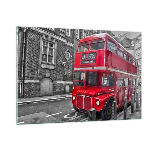 Glasbild - Bild auf glas - Ein roter Londoner Bus vor einem schwarz-weißen Straßenhintergrund - 120x80cm - Immer gleich - Moderne Wanddekoration für Wohnzimmer und Schlafzimmer ARTTOR