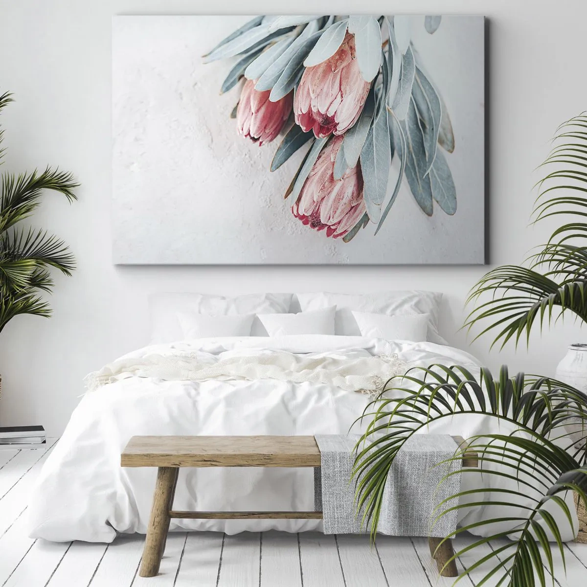 Bild auf Leinwand - Leinwandbild - Dezente rosa Protea-Blüten auf hellem Hintergrund - 70x50cm - Schämen sich für ihre eigene Schönheit - Moderne Wanddekoration für Wohnzimmer und Schlafzimmer ARTTOR