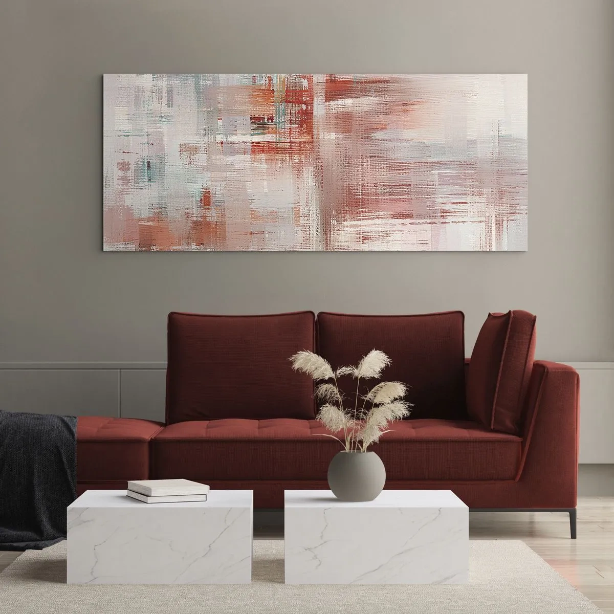 Glasbild - Bild auf glas - Eine abstrakte Komposition mit Rottönen und Pastellfarben. - 140x50cm - Dunstig. Aber rosa - Moderne Wanddekoration für Wohnzimmer und Schlafzimmer ARTTOR