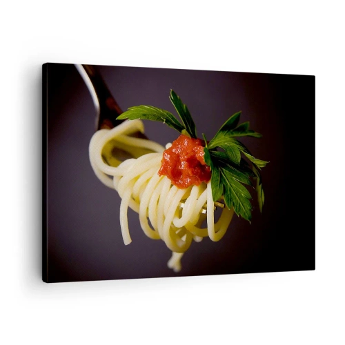Bild auf Leinwand - Leinwandbild - Spaghetti auf einer Gabel mit Tomatensauce und Petersilie - 70x50cm - Ein leckerer Bissen - Moderne Wanddekoration für Wohnzimmer und Schlafzimmer ARTTOR