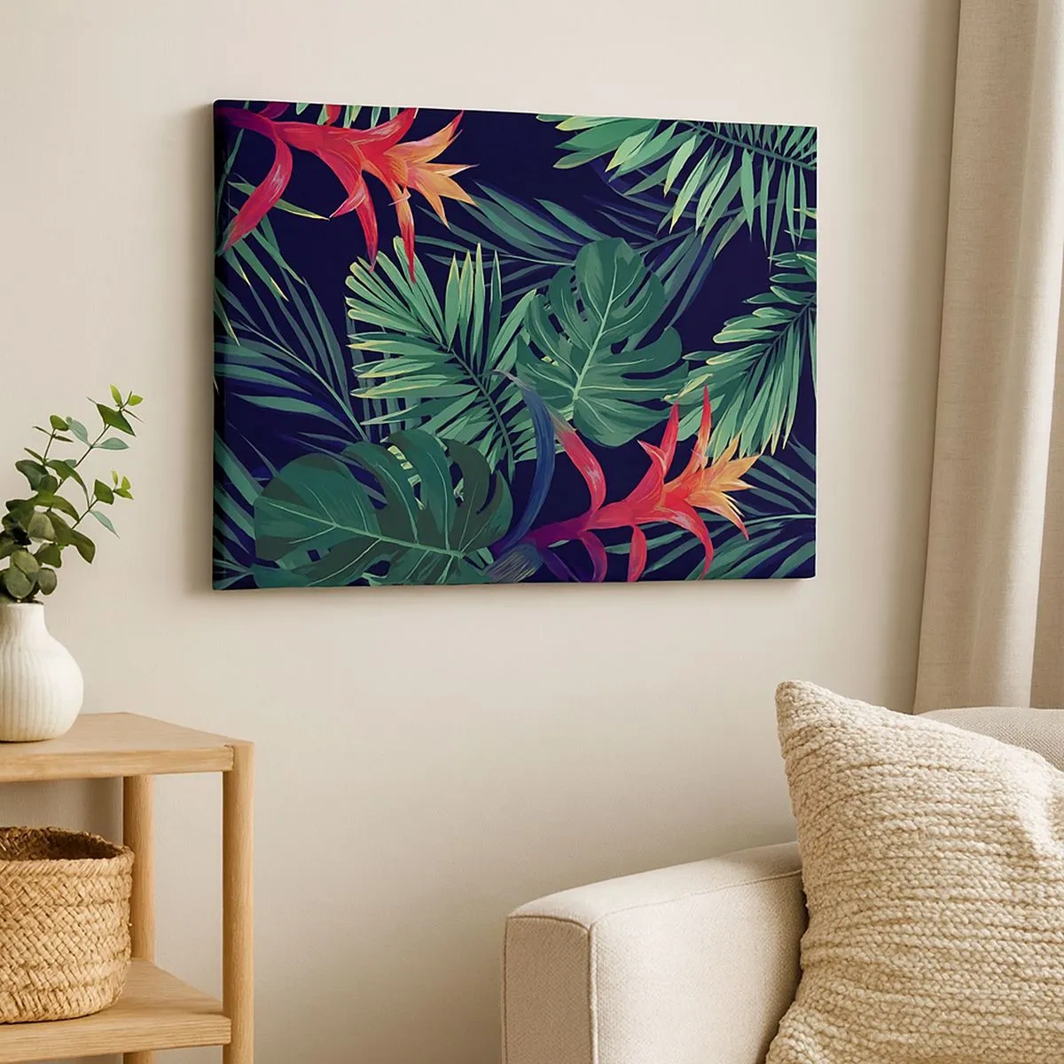 Bild auf Leinwand - Leinwandbild - Tropische Blätter und Blüten auf dunklem Hintergrund - 70x50cm - Im Grünen in Flammen gehen - Moderne Wanddekoration für Wohnzimmer und Schlafzimmer ARTTOR