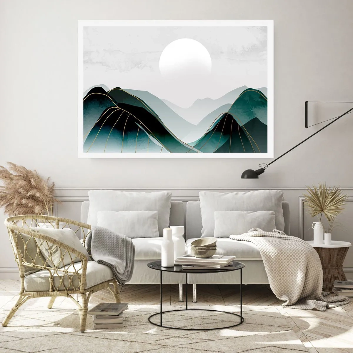 Poster - Abstrakte Berglandschaft mit Mond und goldenen Linien - 100x70cm - In voller Majestät - Moderne Wanddekoration für Wohnzimmer und Schlafzimmer ARTTOR