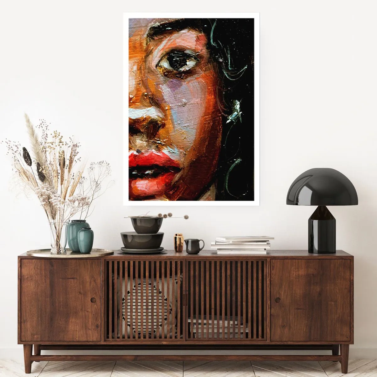 Poster - Ein abstraktes Porträt einer Frau in intensiven Farben mit ausdrucksstarkem Blick. - 50x70cm - Schwarz und Glanz - Moderne Wanddekoration für Wohnzimmer und Schlafzimmer ARTTOR