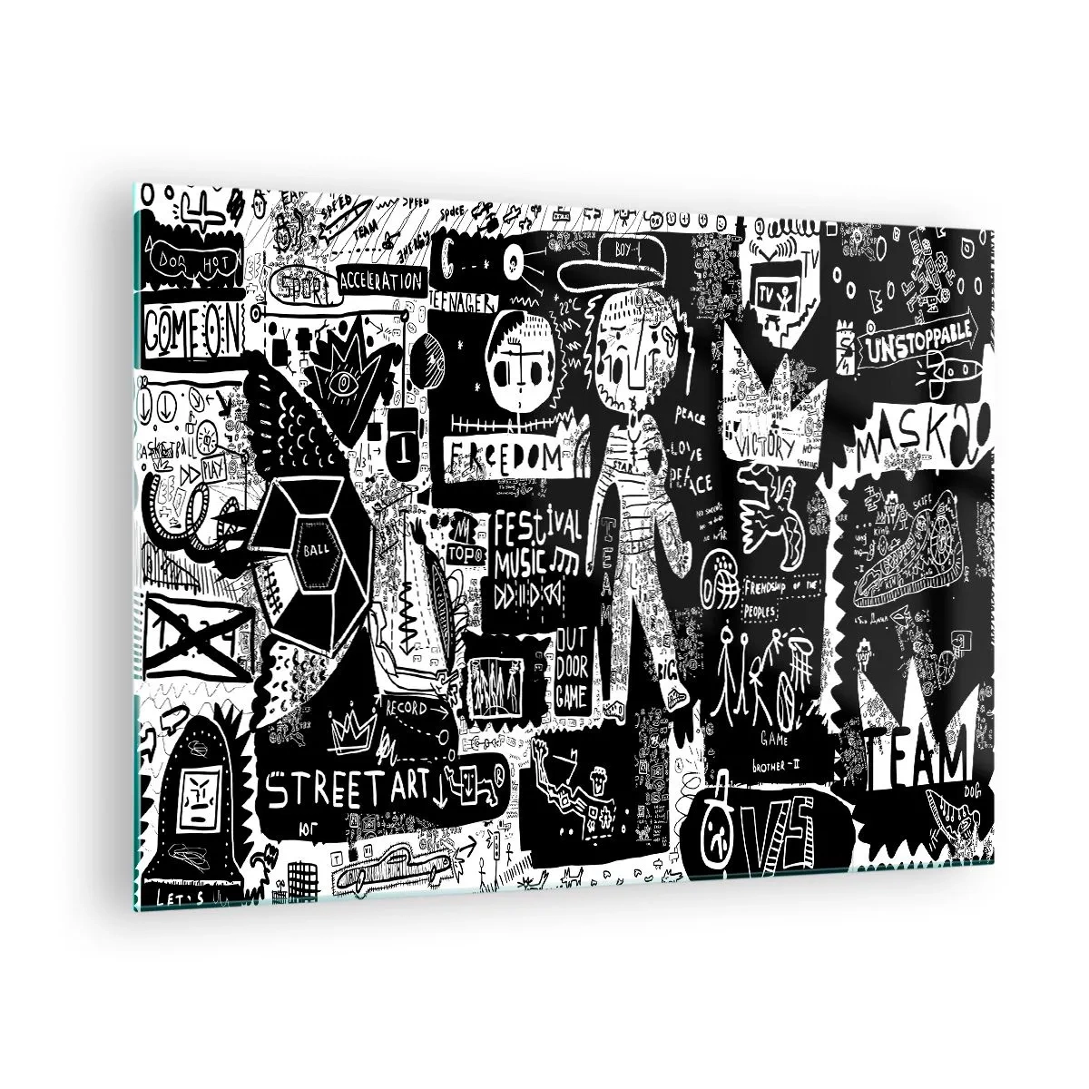 Glasbild - Bild auf glas - Schwarz-weiße Grafiken im Street-Art-Stil mit Figuren und Symbolen - 70x50cm - Spirituelle Jugend des Gesetzes und der Freude - Moderne Wanddekoration für Wohnzimmer und Schlafzimmer ARTTOR