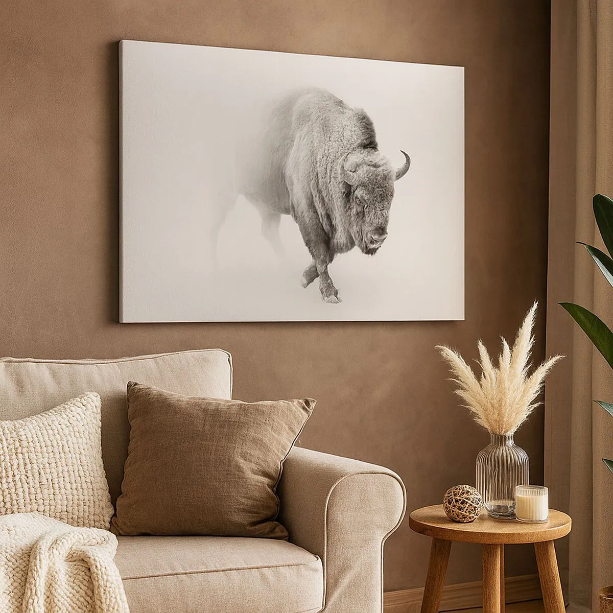 Bild auf Leinwand - Leinwandbild - Weißer Bison in minimalistischem Ambiente - 70x50cm - König der Prärie - Moderne Wanddekoration für Wohnzimmer und Schlafzimmer ARTTOR