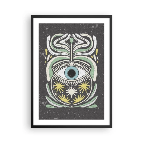 Poster in einem schwarzem Rahmen - Ein symbolisches Auge, umgeben von Pflanzenmustern auf dunklem Hintergrund. - 50x70cm - Stammesrituale - Moderne Wanddekoration für Wohnzimmer und Schlafzimmer ARTTOR