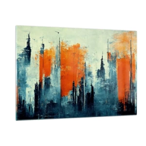 Glasbild - Bild auf glas - Ein modernes Stadtpanorama in Grau- und Orangetönen - 120x80cm - Moderne Landschaft - Moderne Wanddekoration für Wohnzimmer und Schlafzimmer ARTTOR