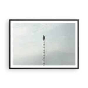 Poster in einem schwarzem Rahmen - Ein Mann auf einer Leiter, die in den Himmel ragt - 100x70cm - Erhebe dich darüber! - Moderne Wanddekoration für Wohnzimmer und Schlafzimmer ARTTOR