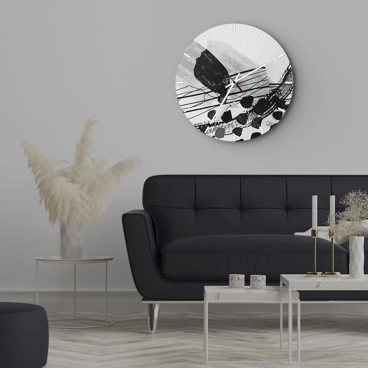 Wanduhr - Glasuhr - Schwarz-weiße abstrakte Formen und Linien auf hellem Hintergrund - 30x30cm - Organische Schwarz-Weiß-Abstraktion - Moderne Wanddekoration für Wohnzimmer, Küche und Schlafzimmer ARTTOR