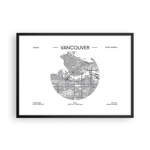 Poster in einem schwarzem Rahmen - Eine Karte von Vancouver im minimalistischen Schwarz-Weiß-Stil - 70x50cm - Anatomie von Vacouver - Moderne Wanddekoration für Wohnzimmer und Schlafzimmer ARTTOR