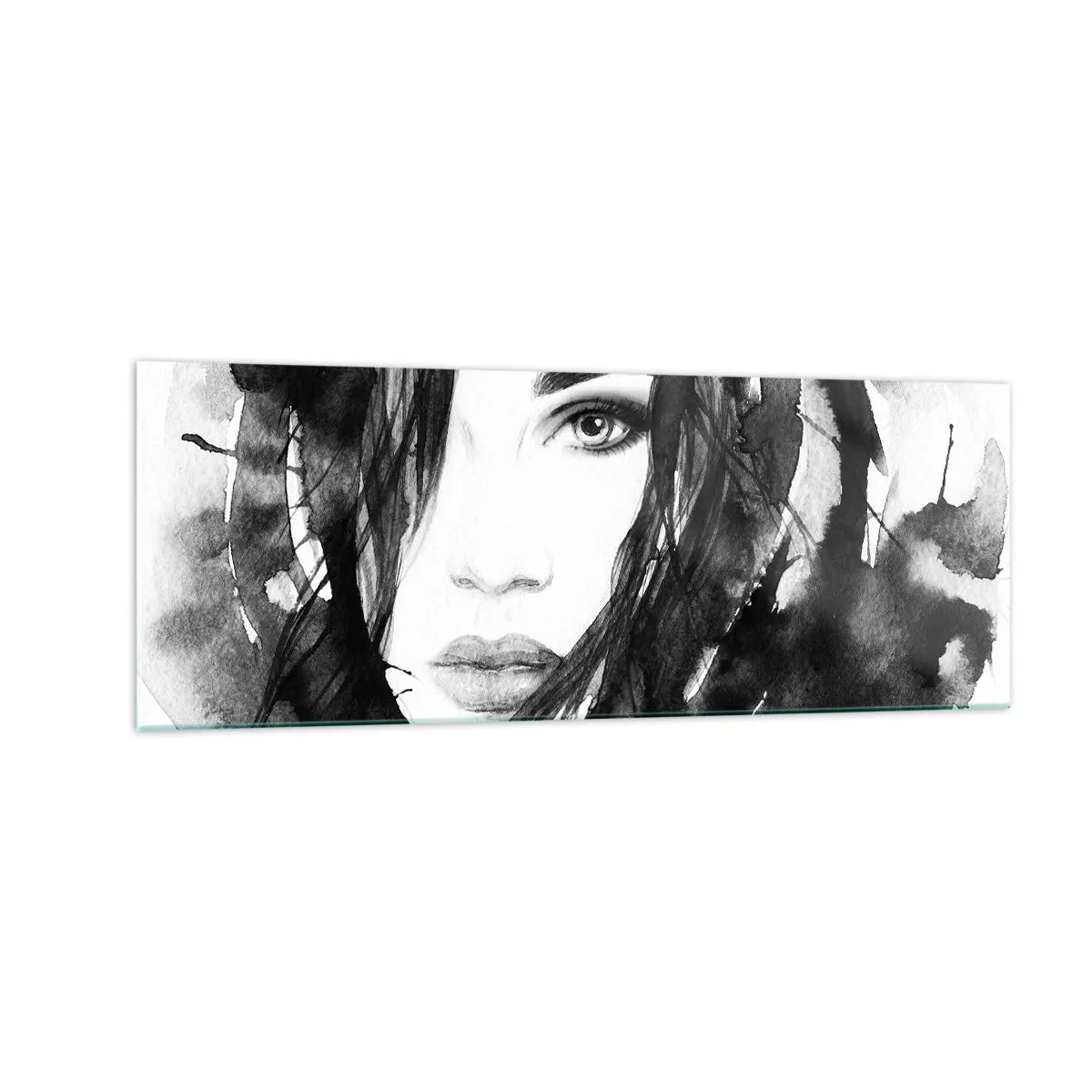 Glasbild - Bild auf glas - Porträt einer Frau in Schwarz-Weiß-Aquarell - 140x50cm - Porträt einer Dame in Schwarzweiß - Moderne Wanddekoration für Wohnzimmer und Schlafzimmer ARTTOR