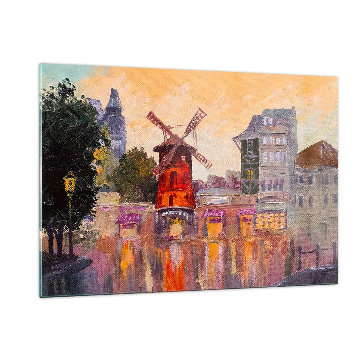 Glasbild - Bild auf glas - Die rote Windmühle des Moulin Rouge zwischen Pariser Mietshäusern - 120x80cm - Pariser Ikonen – Moulin Rouge - Moderne Wanddekoration für Wohnzimmer und Schlafzimmer ARTTOR