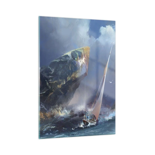 Glasbild - Bild auf glas - Ein Segelboot im Sturm vor einer felsigen Küste - 50x70cm - Wer den Mut hat, gewinnt - Moderne Wanddekoration für Wohnzimmer und Schlafzimmer ARTTOR