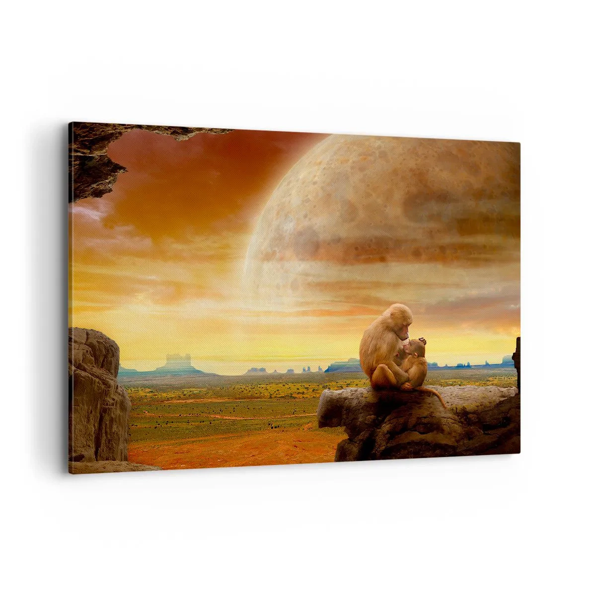 Bild auf Leinwand - Leinwandbild - Affen sitzen auf einem Felsen in einer surrealen Landschaft mit einem riesigen Planeten - 100x70cm - Die Liebe ist überall gleich - Moderne Wanddekoration für Wohnzimmer und Schlafzimmer ARTTOR