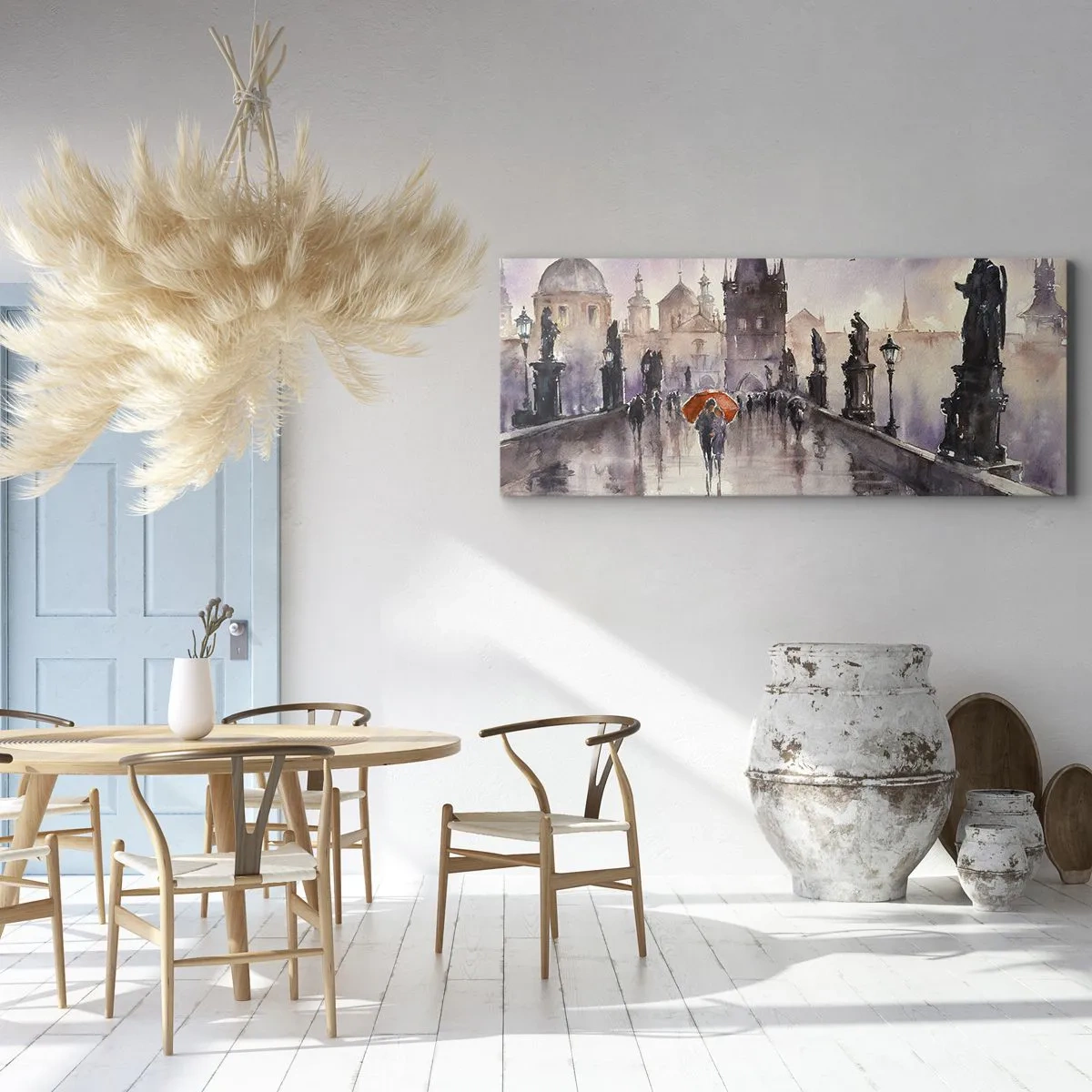 Bild auf Leinwand - Leinwandbild - Romantischer Blick auf eine Brücke mit einem Regenschirm vor der Kulisse einer abendlichen Stadt - 140x50cm - Leute verändern sich nicht - Moderne Wanddekoration für Wohnzimmer und Schlafzimmer ARTTOR