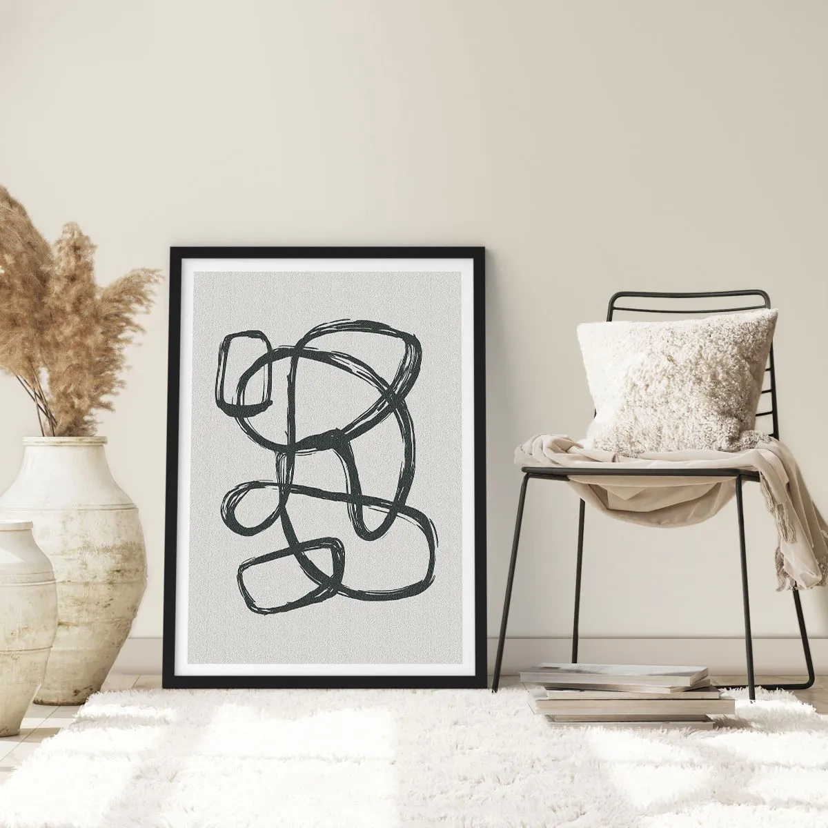 Poster in einem schwarzem Rahmen - Abstrakte schwarze Linie auf hellem Hintergrund - 50x70cm - Schleifenabstraktion - Moderne Wanddekoration für Wohnzimmer und Schlafzimmer ARTTOR