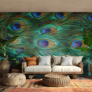 Fototapete Standard Eco - Ein Blick mit Pfauenaugen - Abstraktion, Pfauenfedern, Vogelfeder - 250x175 cm