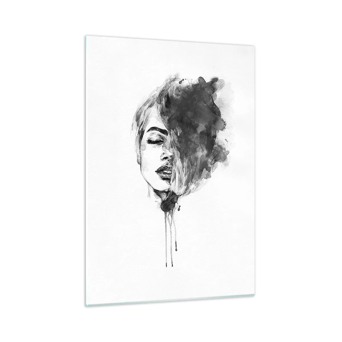 Glasbild - Bild auf glas - Schwarz-Weiß-Porträt einer Frau mit abstraktem Schatten - 50x70cm - Wovon träumt das Mädchen - Moderne Wanddekoration für Wohnzimmer und Schlafzimmer ARTTOR