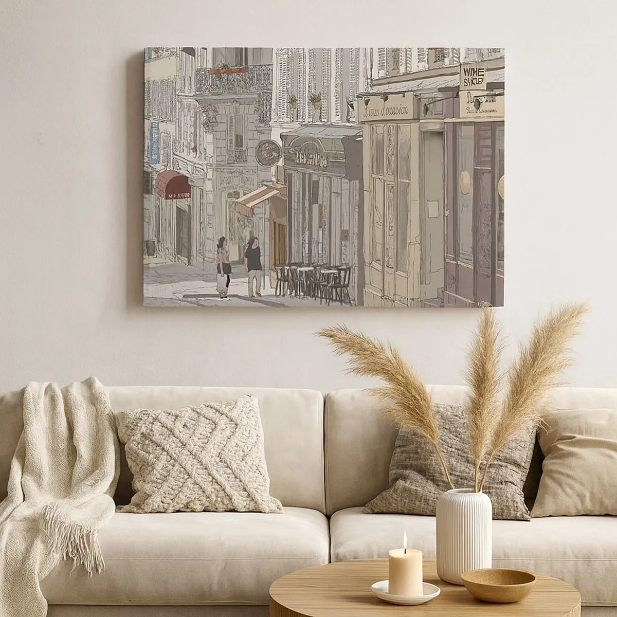 Bild auf Leinwand - Leinwandbild - Abbildung einer Stadtstraße mit Cafés und Geschäften - 70x50cm - Stadtfreuden - Moderne Wanddekoration für Wohnzimmer und Schlafzimmer ARTTOR